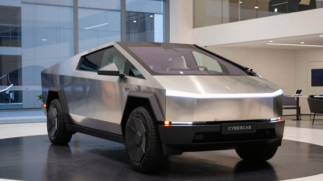 Veículo futurista Tesla Cybertruck prateado em exposição num espaço moderno interior.