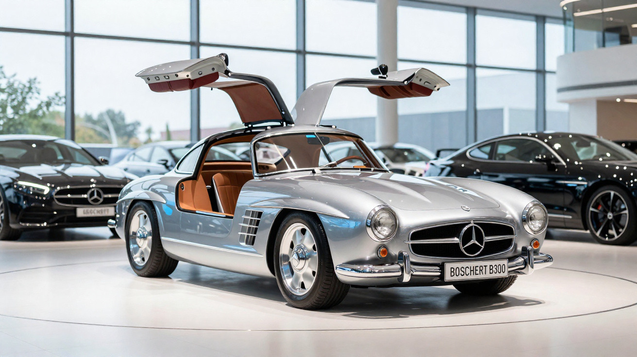 Carro clássico Mercedes-Benz prata com portas asa de gaivota abertas em showroom moderno.