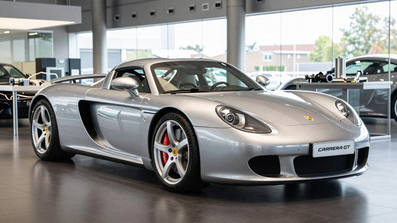 Carro desportivo Porsche Carrera GT prata estacionado num showroom moderno com piso cinza.