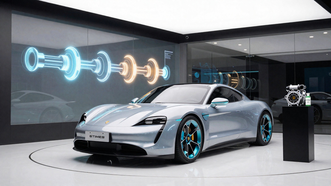 Carro elétrico desportivo prateado em exposição moderna com arte digital técnica na parede atrás.