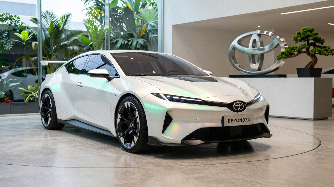 Carro elétrico Toyota branco exposto em ambiente moderno com logótipo Toyota ao fundo.